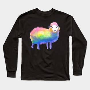 Pride Rainbow Fluffy Sheep Digital Watercolor Illustration Long Sleeve T-Shirt